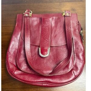 Vintage Red Leather Shoulder Bag Crown Zipper Gold Hardware Mid Century Retro